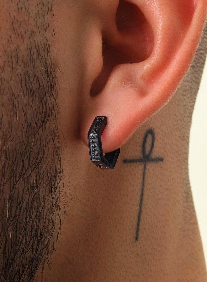 يو7 أقراط يو 7 فايكنغ رونية، أقراط رجالية سوداء حلقية الشكل من الفولاذ المقاوم للصدأ، أقراط سداسية الشكل، مضادة للحساسية، مجوهرات نورسية، هدايا للرجال - Image 3