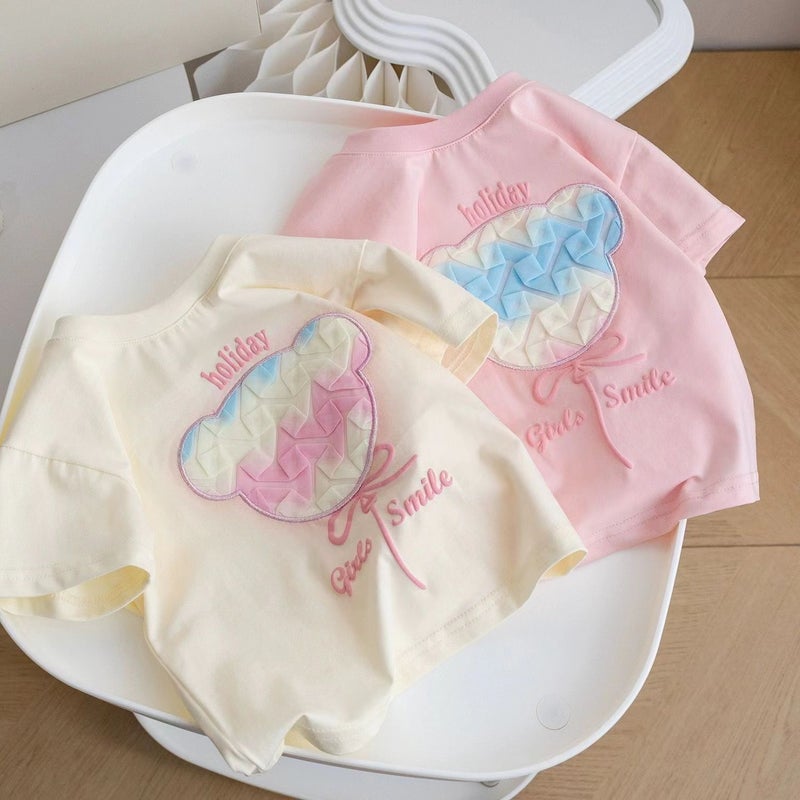 Girls Cartoon Pure Cotton Short-Sleeved 2024 Three-Dimensional Bear Little Girl Fashionable And Sweet T-Shirt - Image 2