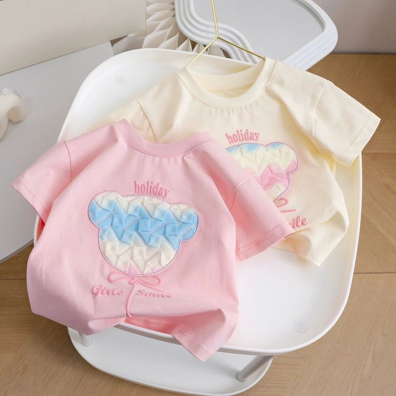 Girls Cartoon Pure Cotton Short-Sleeved 2024 Three-Dimensional Bear Little Girl Fashionable And Sweet T-Shirt - Image 3