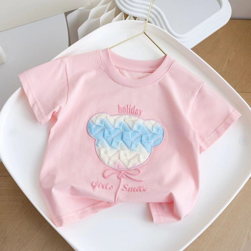 Girls Cartoon Pure Cotton Short-Sleeved 2024 Three-Dimensional Bear Little Girl Fashionable And Sweet T-Shirt - Image 4