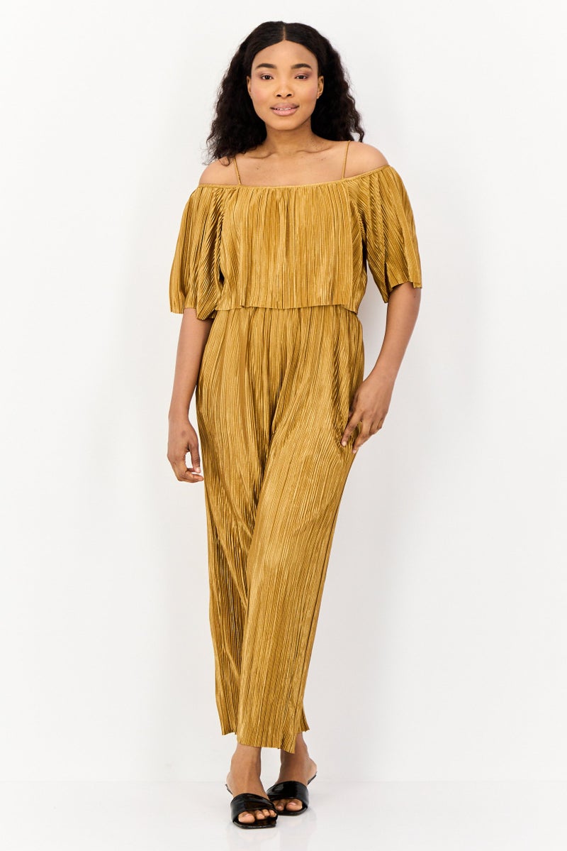 ONLY Women Textured Short Sleeves Jumpsuit, Tan - Image 1