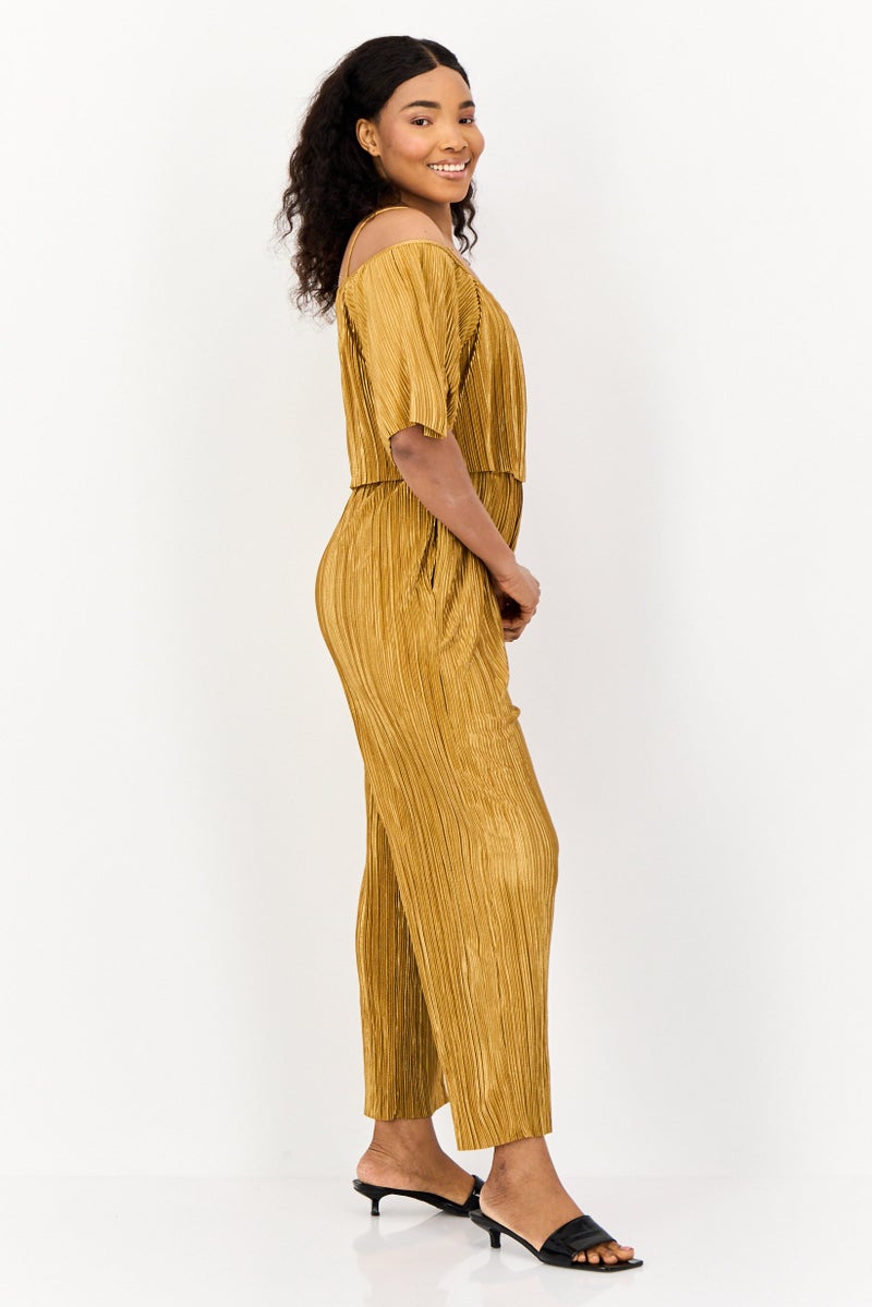 ONLY Women Textured Short Sleeves Jumpsuit, Tan - Image 2