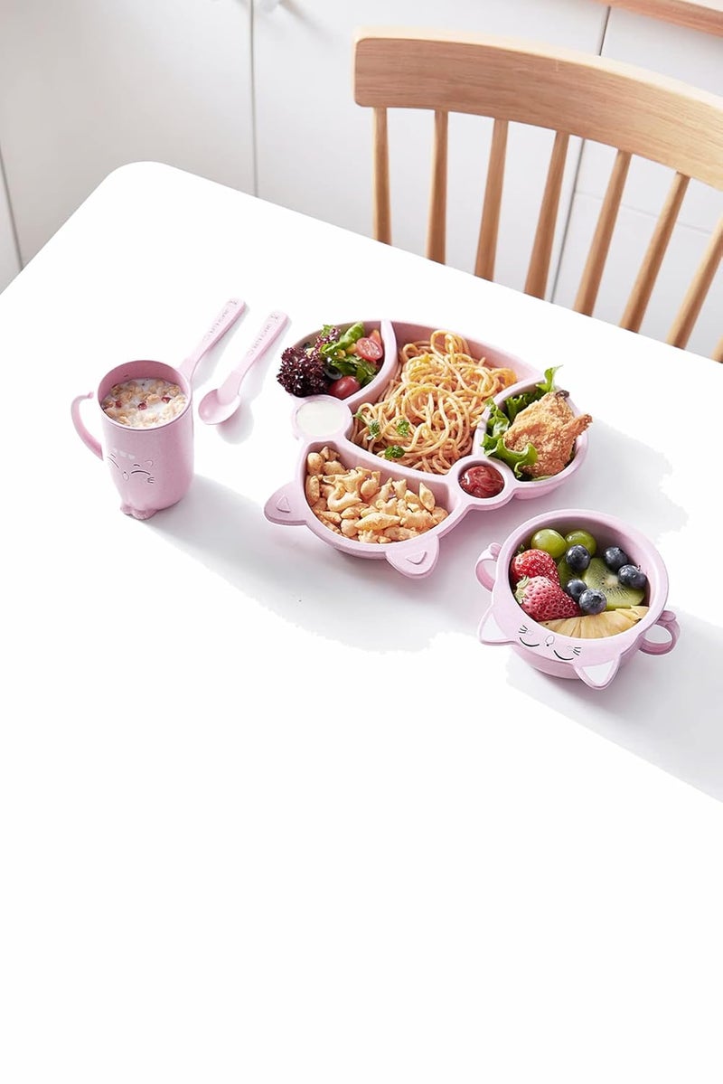 MEZON Wheat Straw Divided Dinner Tray Unbreakable Dinner Set for Kids Dinner Plates with Bowl Cup Fork Spoon Chopsticks Tableware Set Baby Dinning Set Multicolor Plastic Solid - Image 2