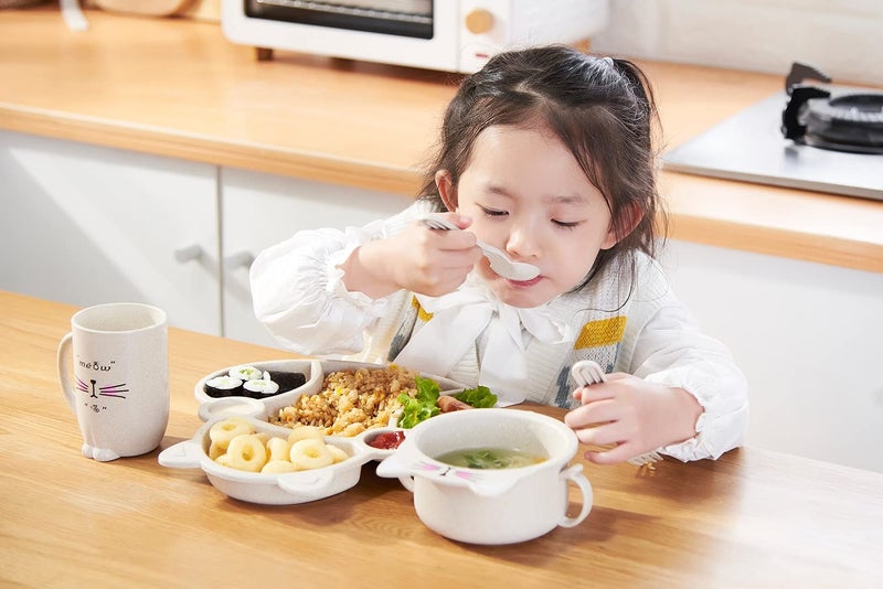 MEZON Wheat Straw Divided Dinner Tray Unbreakable Dinner Set for Kids Dinner Plates with Bowl Cup Fork Spoon Chopsticks Tableware Set Baby Dinning Set Multicolor Plastic Solid - Image 3