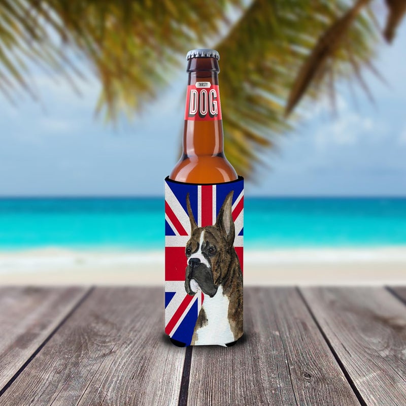 Caroline's Treasures Caroline's Treasures SS4950MUK Boxer with English Union Jack British Flag Ultra Hugger for slim cans Can Cooler Sleeve Hugger Machine Washable Drink Sleeve Hugger Collapsible Insulator Beverage Insula  - Image 1
