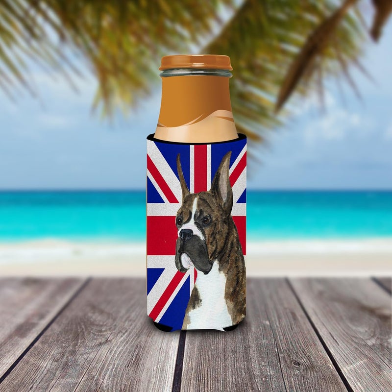Caroline's Treasures Caroline's Treasures SS4950MUK Boxer with English Union Jack British Flag Ultra Hugger for slim cans Can Cooler Sleeve Hugger Machine Washable Drink Sleeve Hugger Collapsible Insulator Beverage Insula  - Image 2