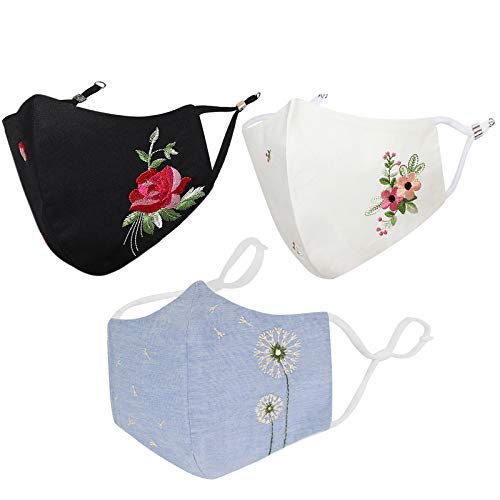 MASQ Floral Reusable, Washable, Anti-Bacterial(BFE>99%) 4 Layer Embroidered, Fashionable 100% Pure Cotton Cloth Face Mask for Women with Ear Adjusters (SpecialFloralComboMFN) - Image 1