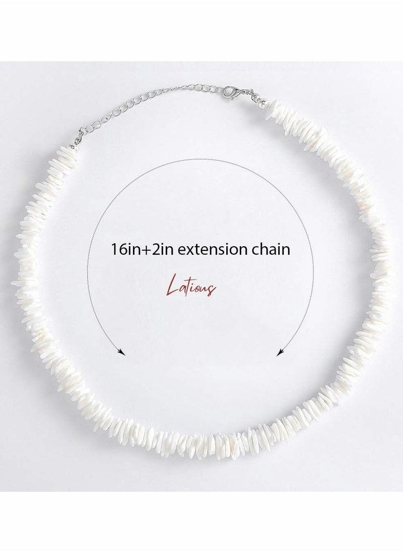 KASTWAVE - Puka Shell Necklace, 2 Pcs Boho Cowrie Shell Choker White Clam Chip Surfer Necklaces, Beach Puka Seashell Necklaces with Extended Chain Adjustabale Weave Jewelry for Women Men Girls Boys - Image 1