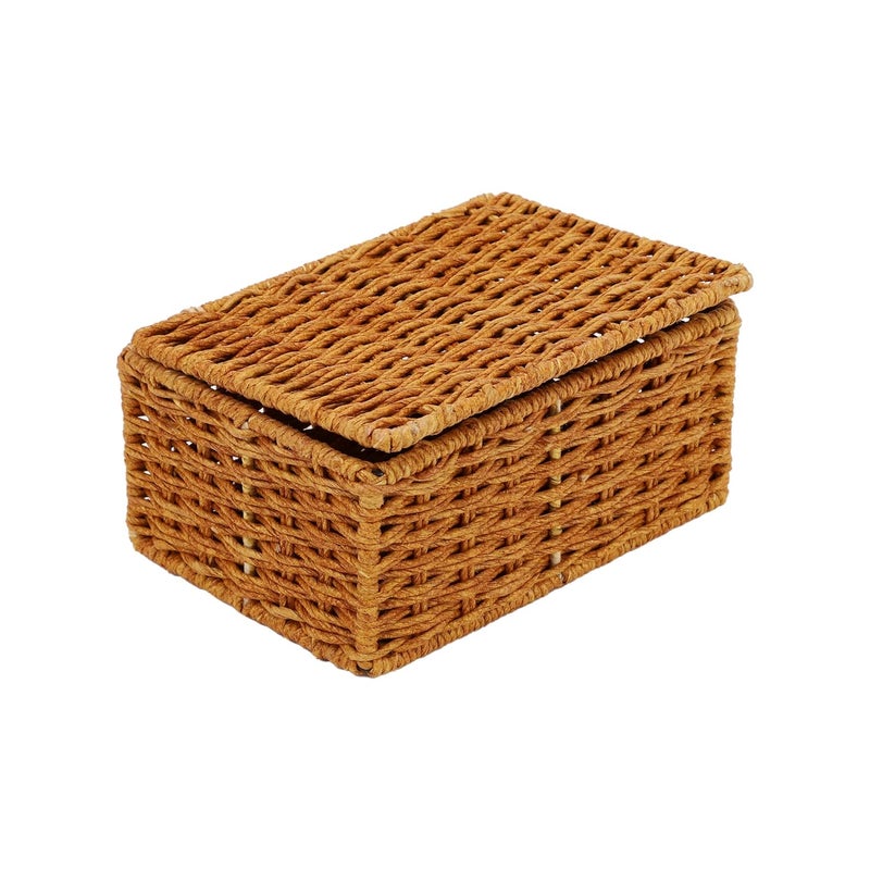 AKWAY wicker water hyacinth kauna grass bamboo cane Storage Basket with Lids Rectangular Handwoven Wicker Organizer Baskets Desktop Storage Box Rattan Container Desk Basket (Brown) (7"L x 4.5"W x 3"H) - Image 2