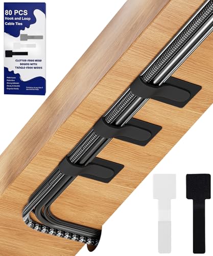 BTPIEL 80PCS Hook and Loop Cable Ties Under Desk Cable Management Adhesive Cable Straps Cord Management Hider Idea Cord Organizer for Desk Computer Accessories Home Office Organization BlackWhite - Image 1