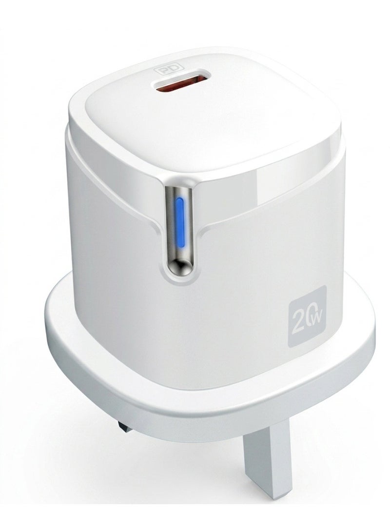 20W USB‑C PD Fast Charger with UK Plug – Compact White Wall Charger for Phones & Tablets, 100–240V