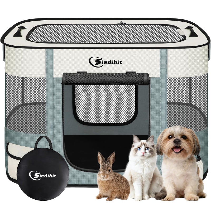 Siedihit Dog Playpen,Cat Pet Puppy Pen,Portable Playpens for Dogs Indoor Outdoor Travel Camping Use,Foldable Dog Kennel Tent Crate for Rabbit Small Animals with Carrying Case (Grey, Small) - Image 1