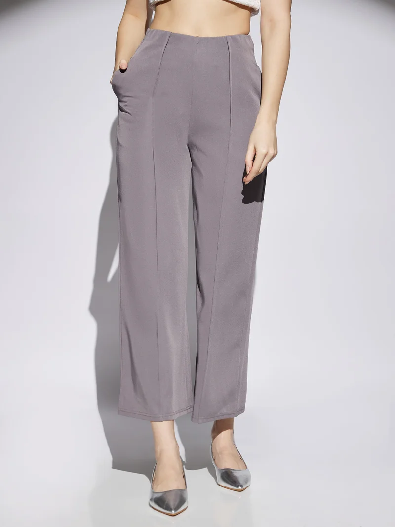 globus Women Grey Solid Mid Rise Stretchable Wide Leg Cropped Formal Trousers