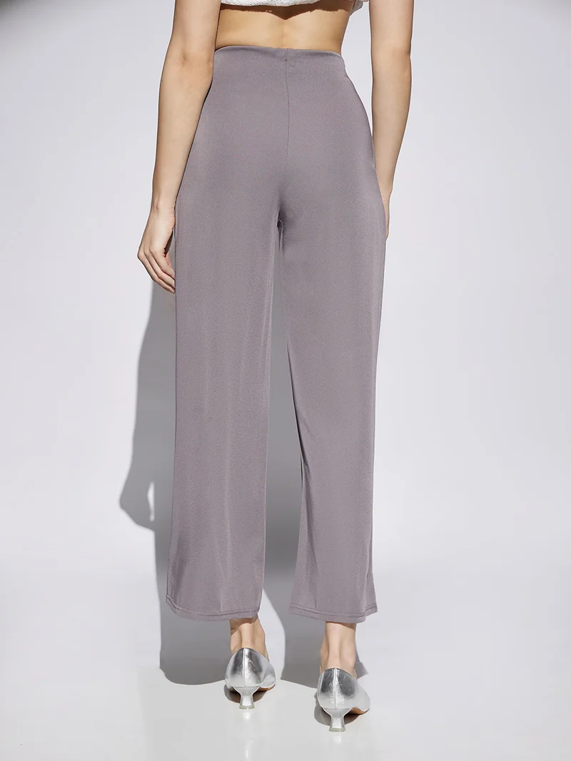 globus Women Grey Solid Mid Rise Stretchable Wide Leg Cropped Formal Trousers