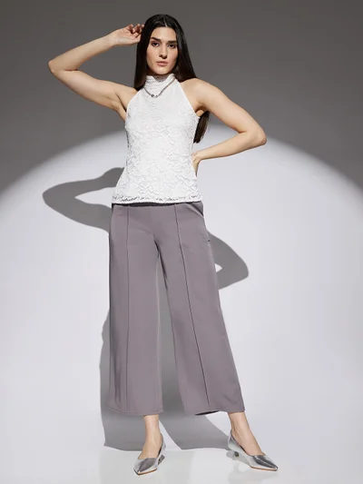 globus Women Grey Solid Mid Rise Stretchable Wide Leg Cropped Formal Trousers