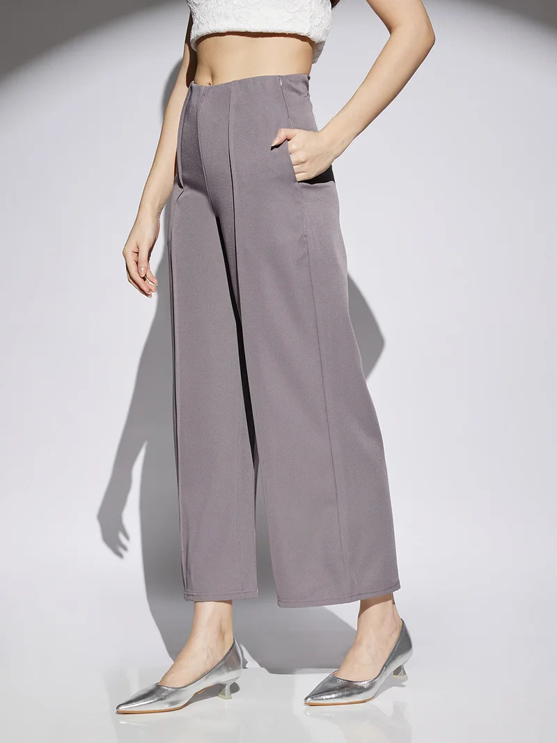 globus Women Grey Solid Mid Rise Stretchable Wide Leg Cropped Formal Trousers