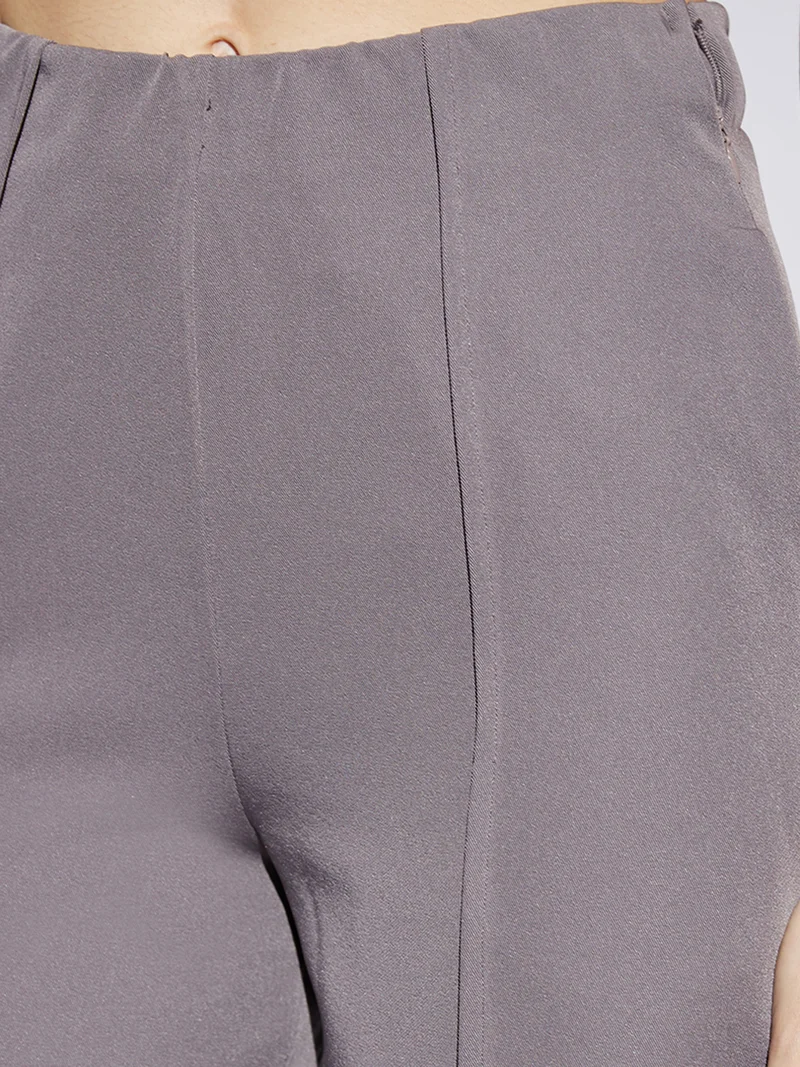 globus Women Grey Solid Mid Rise Stretchable Wide Leg Cropped Formal Trousers
