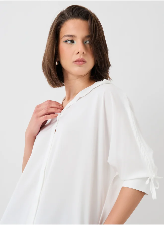 تايك تو Take Two Solid Spread Collar Buttoned Shirt with Sleeve Tie-Up Detail
