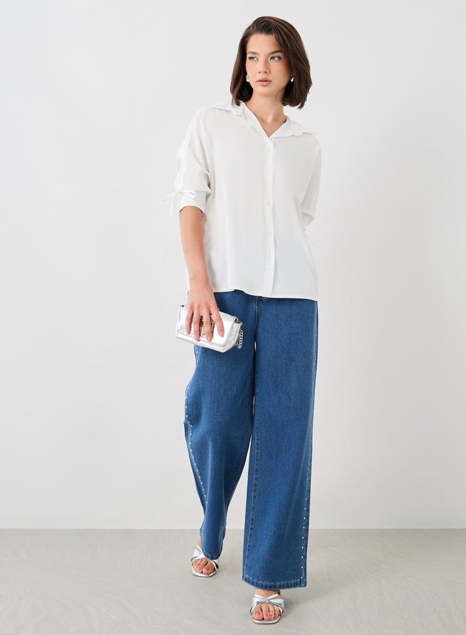 Take Two Take Two Solid Spread Collar Buttoned Shirt with Sleeve Tie-Up Detail  - Image 2