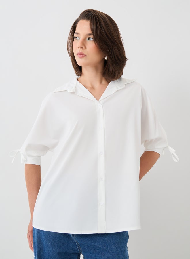 Take Two Take Two Solid Spread Collar Buttoned Shirt with Sleeve Tie-Up Detail  - Image 3