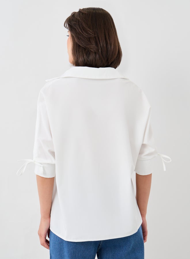 Take Two Take Two Solid Spread Collar Buttoned Shirt with Sleeve Tie-Up Detail  - Image 5