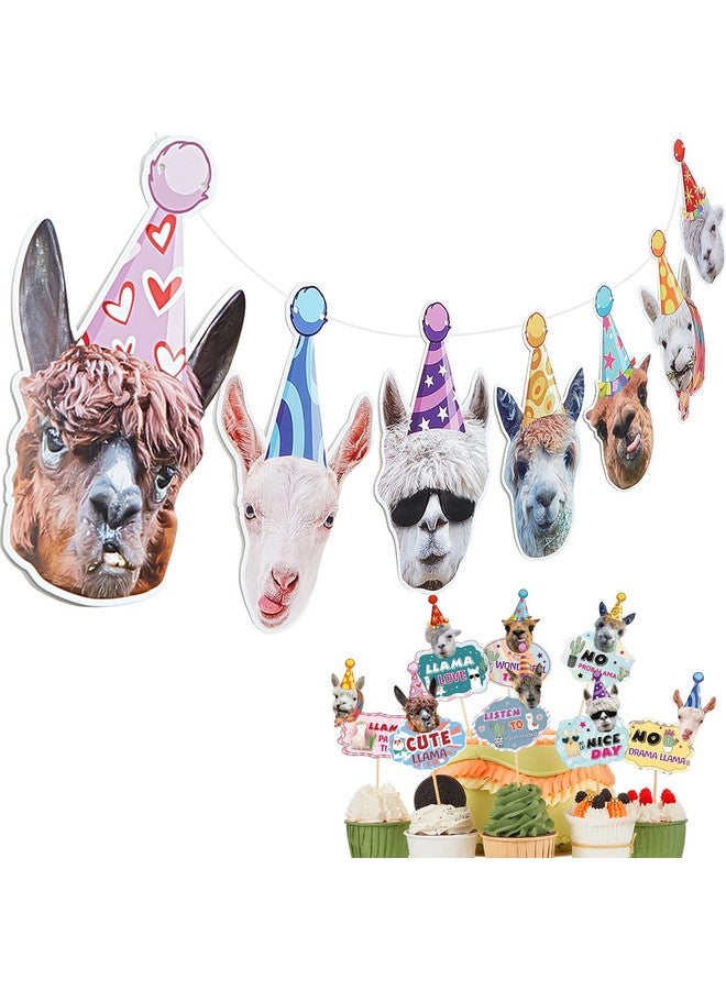 Chinco 24 Pcs Funny Llama Birthday Banner Decorations Alpaca Face Garland Portrait Bunting Llama Cactus Cake Cupcake Topper Hilarious Mexican Bday Party Decoration Baby Shower Supplies - Image 1