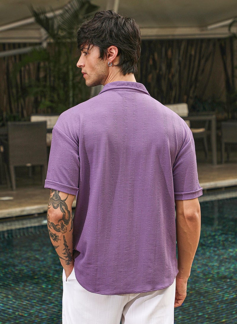Campus Sutra Campus Sutra Men's Amethyst Purple Rope-Textured Oversized Shirt For Casual Wear | Cuban Collar | Short Sleeve | Button Closure | Oversized Shirt Crafted With Comfort Fit For Everyday Wear  - Image 3
