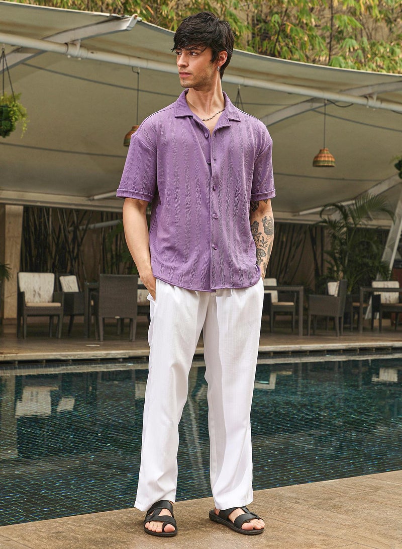 Campus Sutra Campus Sutra Men's Amethyst Purple Rope-Textured Oversized Shirt For Casual Wear | Cuban Collar | Short Sleeve | Button Closure | Oversized Shirt Crafted With Comfort Fit For Everyday Wear  - Image 5