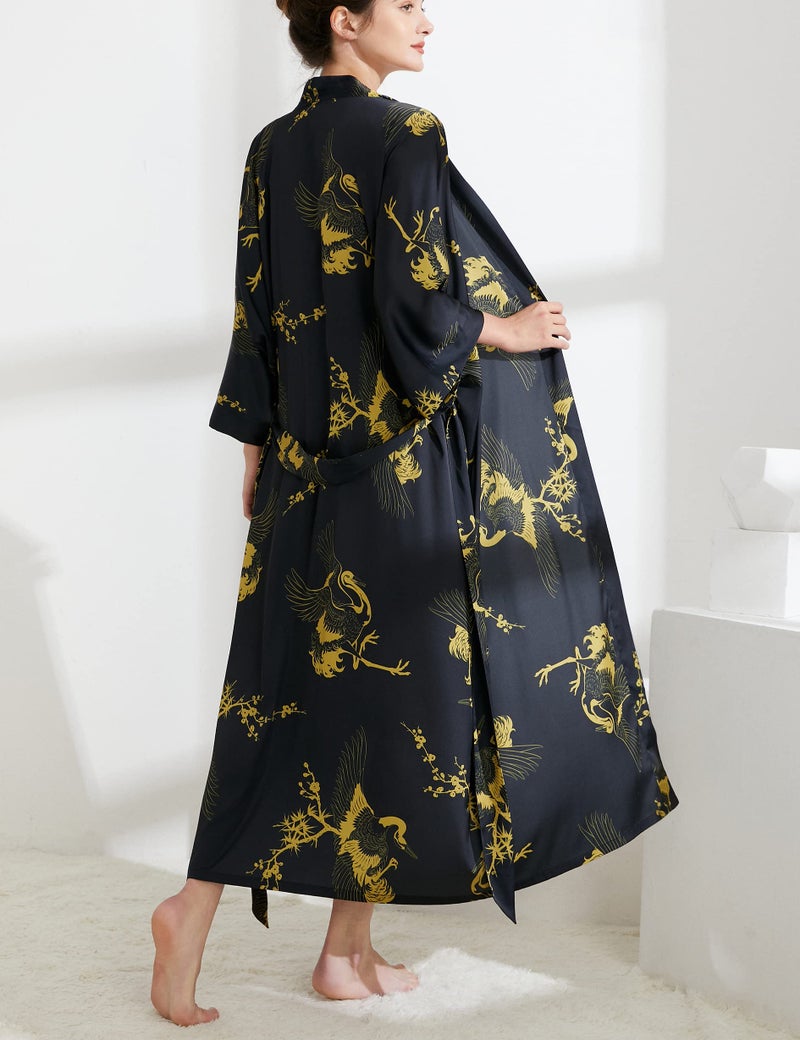 Aensso Long Soft Lightweight Silky Kimonos Robes for Women, Luxury Japanese Floral Womens Kimono Robe (Premium Black) - Image 5