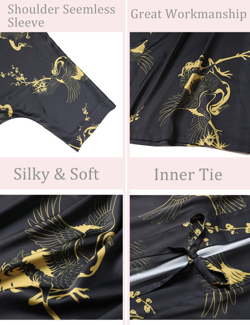 Aensso Long Soft Lightweight Silky Kimonos Robes for Women, Luxury Japanese Floral Womens Kimono Robe (Premium Black) - Image 3
