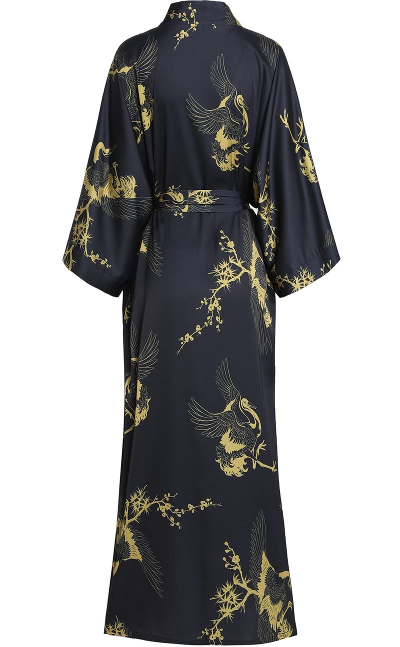 Aensso Long Soft Lightweight Silky Kimonos Robes for Women, Luxury Japanese Floral Womens Kimono Robe (Premium Black) - Image 2