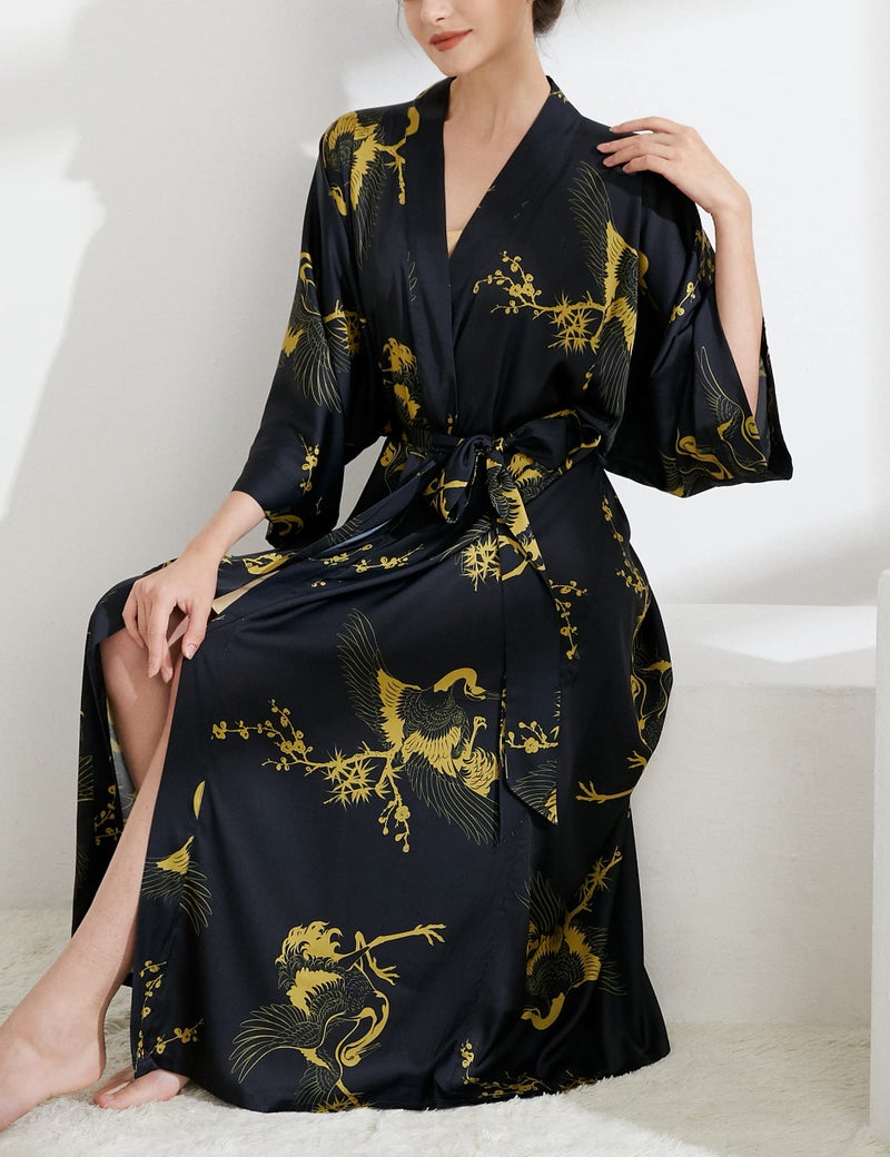 Aensso Long Soft Lightweight Silky Kimonos Robes for Women, Luxury Japanese Floral Womens Kimono Robe (Premium Black) - Image 4