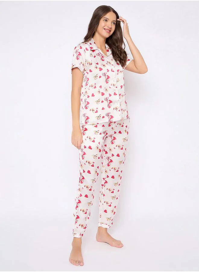 Clovia Heart & Floral Print Button Down Satin Shirt & Pyjama Set by Styli