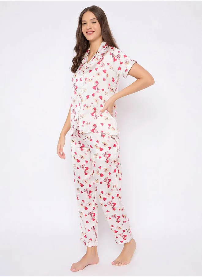 Clovia Heart & Floral Print Button Down Satin Shirt & Pyjama Set by Styli