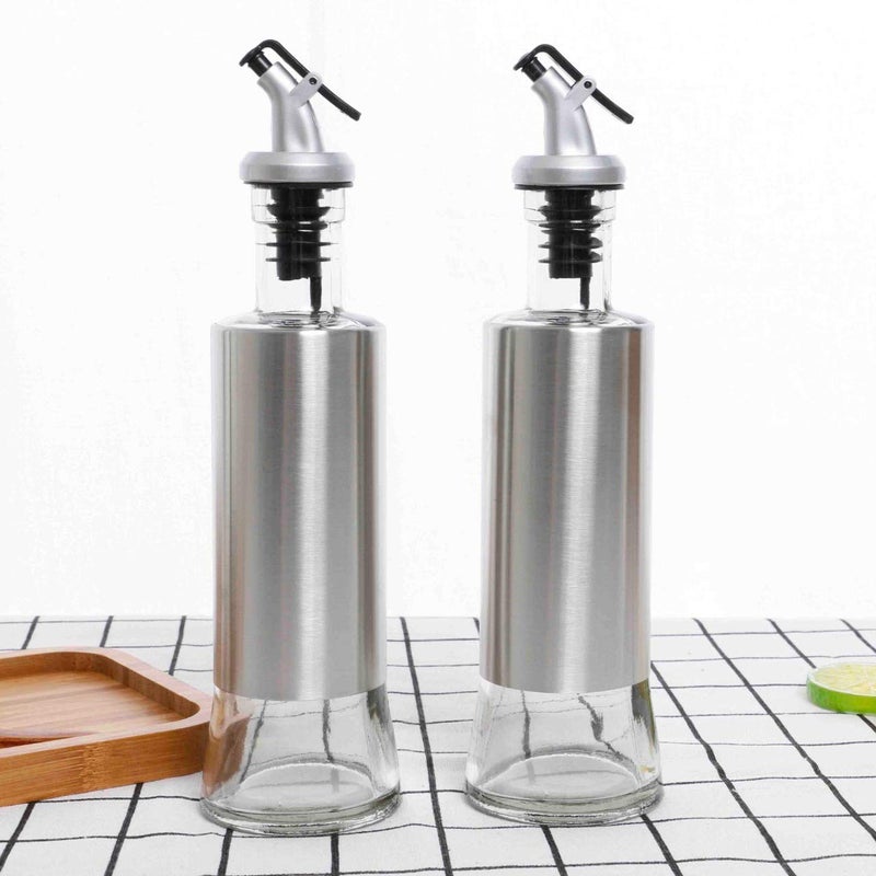 RIVUGJA Stainless Steel Olive Oil Dispenser BottleGlass Cooking Oil Vinegar Cruet For Kitchen Condiment Bottles Dispensers 300 ml