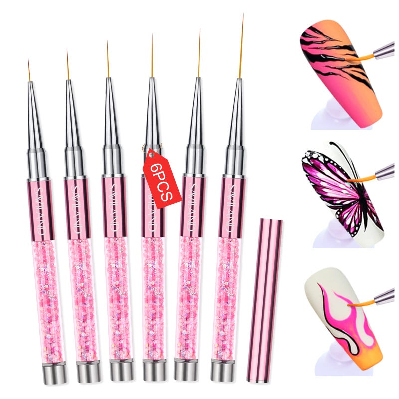 SAVILAND 6pcs Nail Art Liner Brushes Set: Nail Brush Gel Polish Painting Nail Art Design Brushes Pen with Crushed Diamond Rhinestone Handle for Pulling Lines,Sizes 7/9/11/13/17/23 mm - Image 1