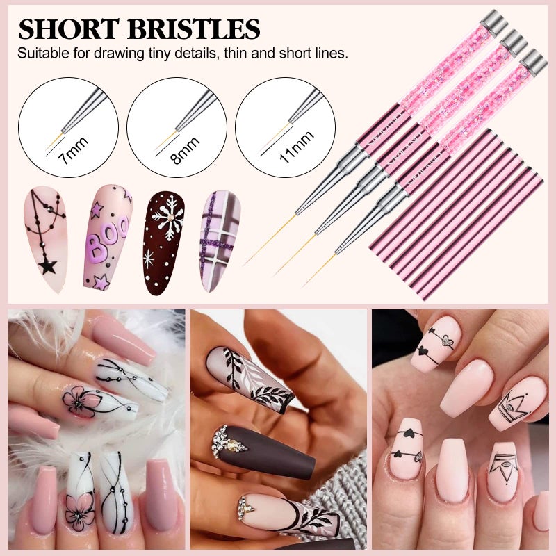 SAVILAND 6pcs Nail Art Liner Brushes Set: Nail Brush Gel Polish Painting Nail Art Design Brushes Pen with Crushed Diamond Rhinestone Handle for Pulling Lines,Sizes 7/9/11/13/17/23 mm - Image 3