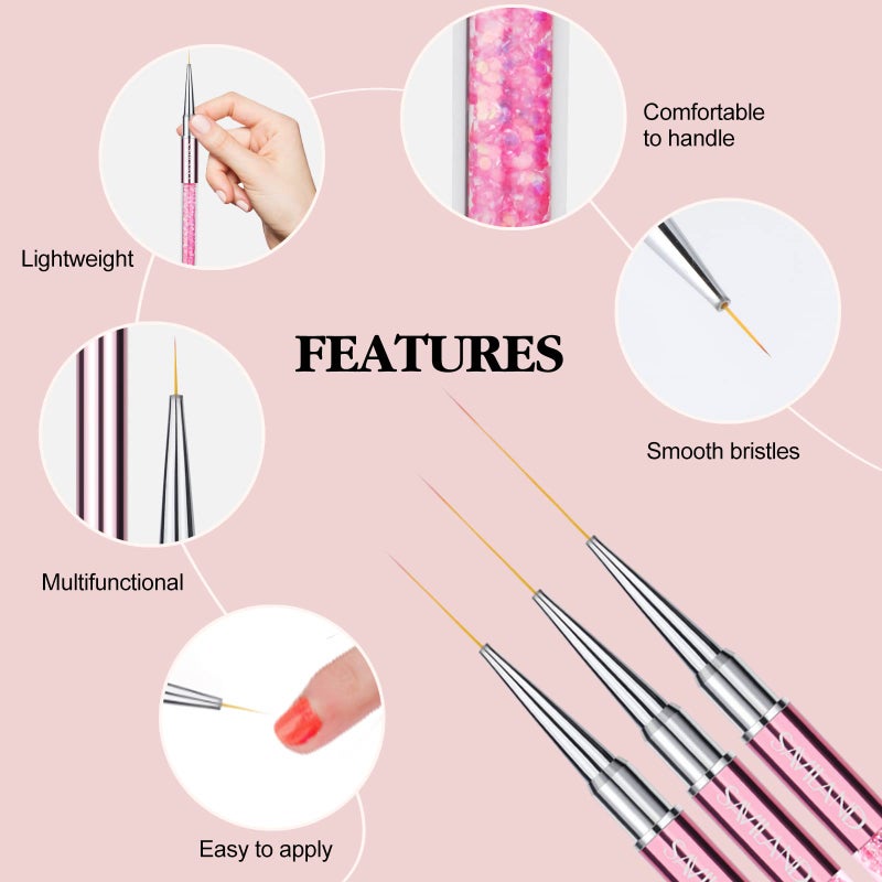 SAVILAND 6pcs Nail Art Liner Brushes Set: Nail Brush Gel Polish Painting Nail Art Design Brushes Pen with Crushed Diamond Rhinestone Handle for Pulling Lines,Sizes 7/9/11/13/17/23 mm - Image 4