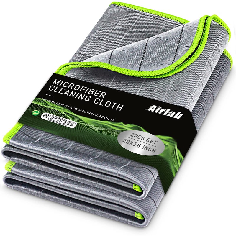 Airlab Carbon Microfiber Towels for Car Glass Window Polishing Cleaning Cloth Auto Detailing Lint Free Streak Free Drying Car Wash Large Towel, Pack of 2, 20" x 16", Grey-Green - Image 1