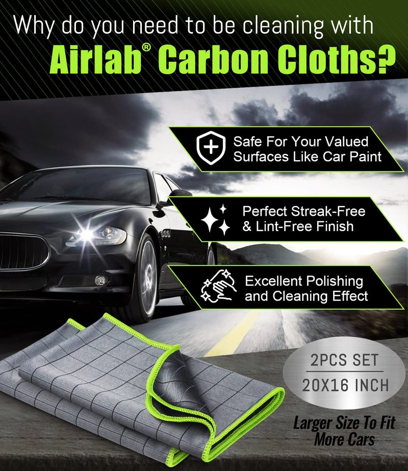 Airlab Carbon Microfiber Towels for Car Glass Window Polishing Cleaning Cloth Auto Detailing Lint Free Streak Free Drying Car Wash Large Towel, Pack of 2, 20" x 16", Grey-Green - Image 2