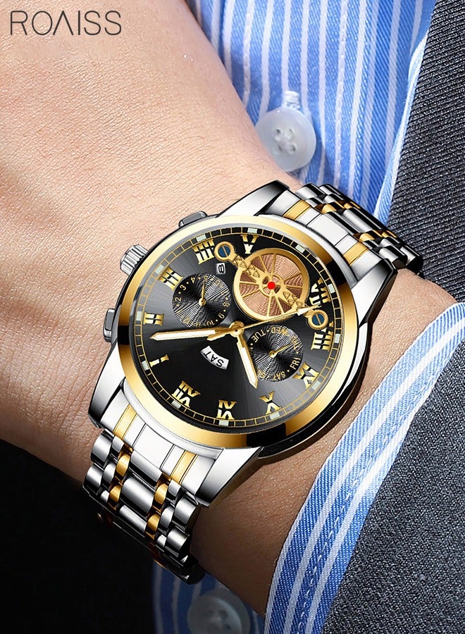 roaiss Mens Stainless Steel Strap Quartz Watch Analog Display Round Black Dial Waterproof Luminous Luxurious Wristwatch as Gifts - Image 1