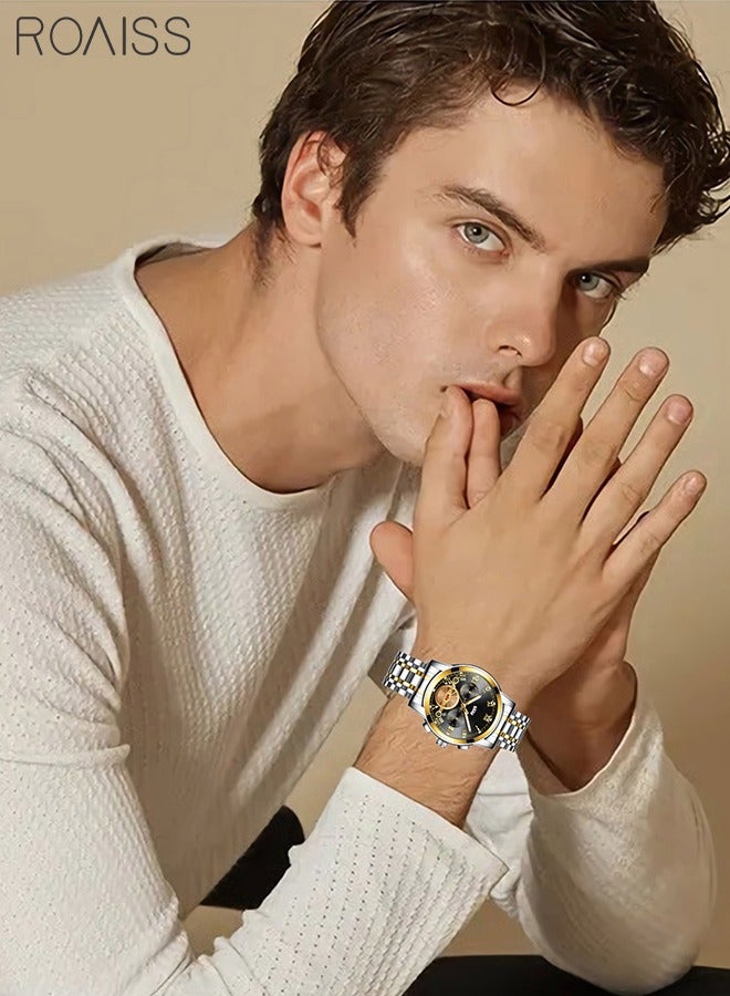 roaiss Mens Stainless Steel Strap Quartz Watch Analog Display Round Black Dial Waterproof Luminous Luxurious Wristwatch as Gifts - Image 3
