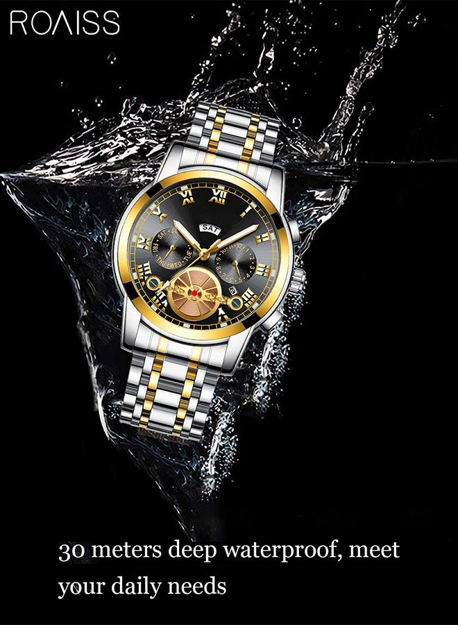 roaiss Mens Stainless Steel Strap Quartz Watch Analog Display Round Black Dial Waterproof Luminous Luxurious Wristwatch as Gifts - Image 4