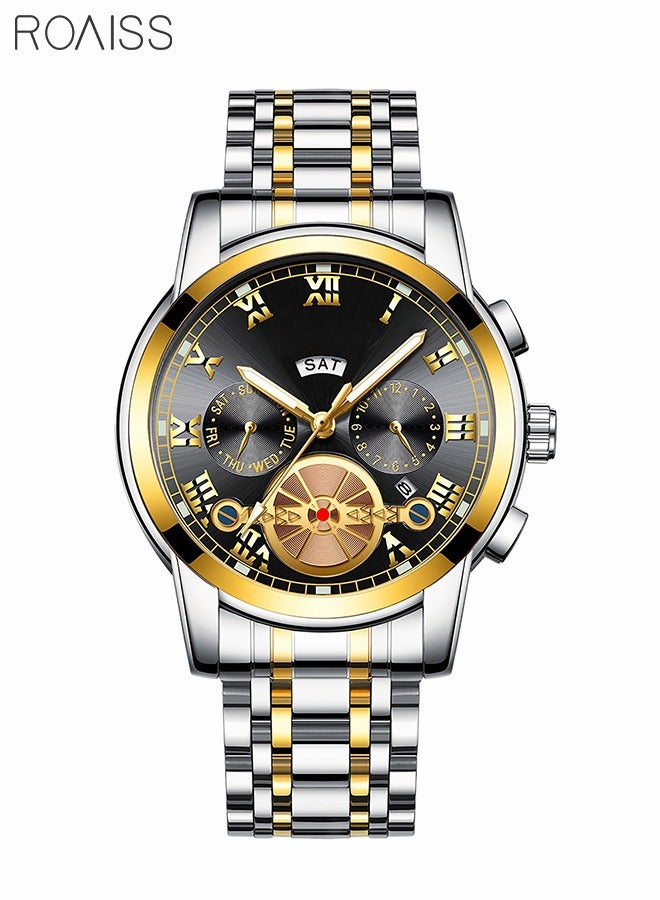 roaiss Mens Stainless Steel Strap Quartz Watch Analog Display Round Black Dial Waterproof Luminous Luxurious Wristwatch as Gifts - Image 2