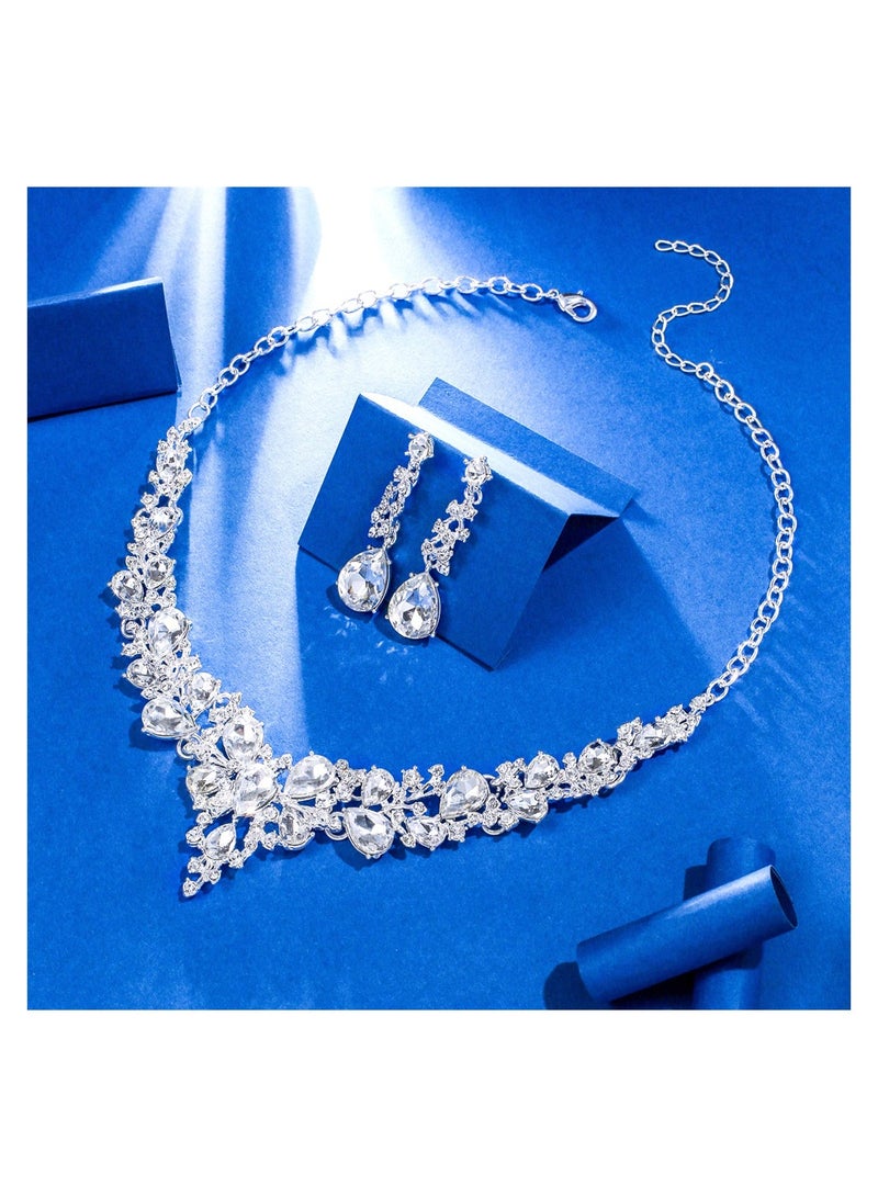 Excefore 3/4 Pieces Women Jewelry Set, Rhinestone Crystal Bride Statement Choker Necklace Tiara Crown Link Bangle Bracelet Teardrop Dangle Earrings Set for Wedding Party - Image 3