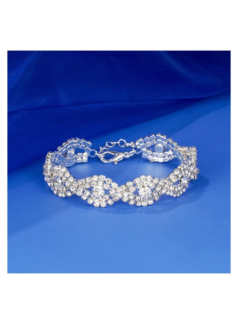 Excefore 3/4 Pieces Women Jewelry Set, Rhinestone Crystal Bride Statement Choker Necklace Tiara Crown Link Bangle Bracelet Teardrop Dangle Earrings Set for Wedding Party - Image 4