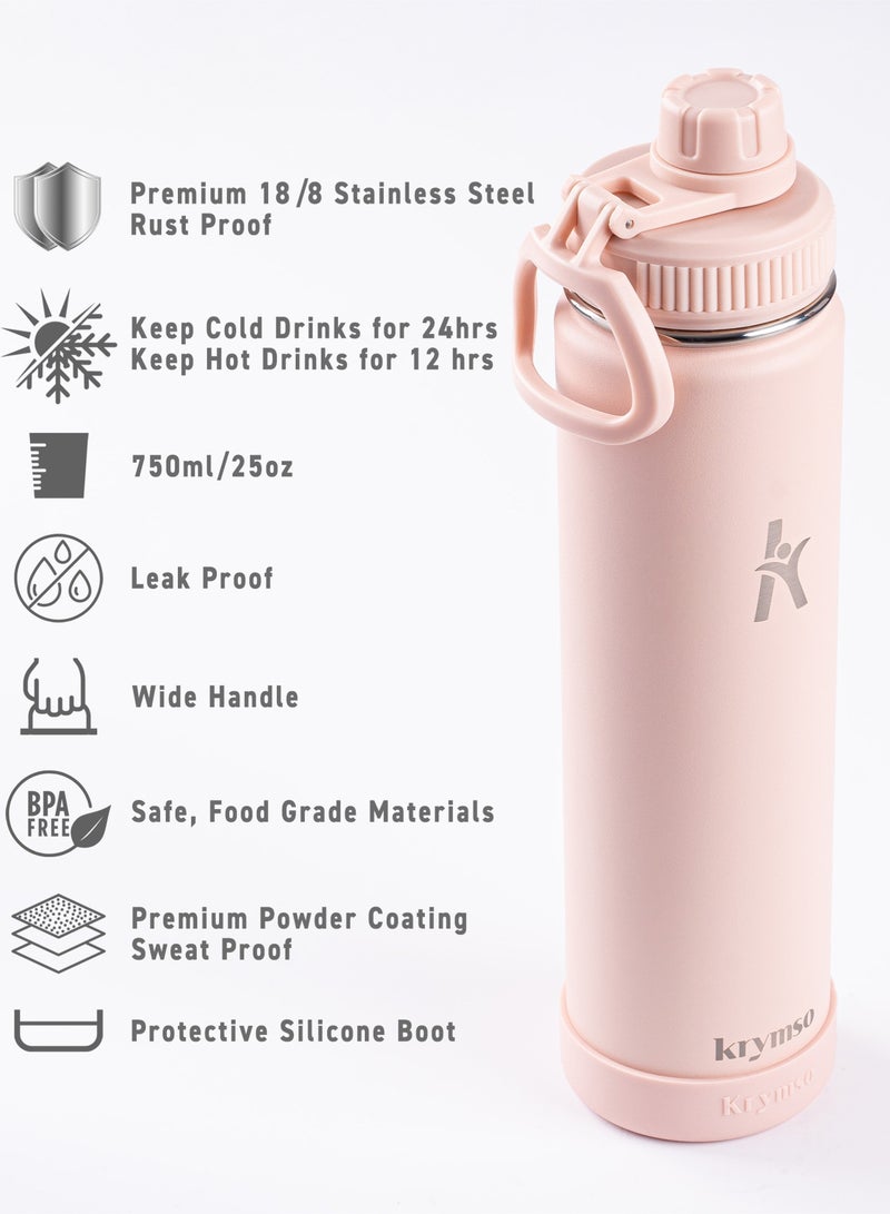 KRYMSO 750ml Stainless Steel Water Bottle, Double Wall Insulated Water Bottle, Leak Proof, BPA Free, Silicone Boot, Thermos Bottle, Cold Hot Bottle for Kids, School, Gym - Image 2