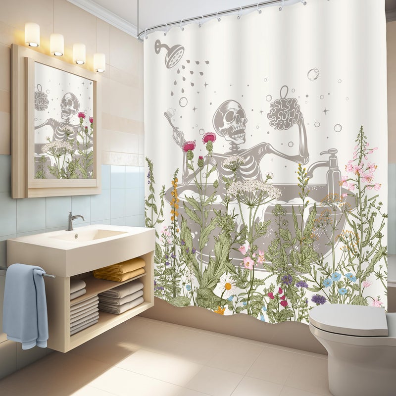 LGhtyro Funny Skull Halloween Wildflower Shower Curtain Bathroom Set 60Wx71H Inches Gothic Skeleton Floral Rustic Leaves in Bathtub Bath Accessories Spooky Cool Art Home Decor Fabric 12 Pack Hooks - Image 3