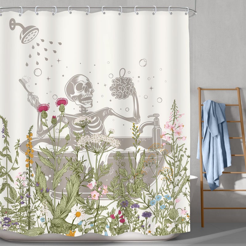 LGhtyro Funny Skull Halloween Wildflower Shower Curtain Bathroom Set 60Wx71H Inches Gothic Skeleton Floral Rustic Leaves in Bathtub Bath Accessories Spooky Cool Art Home Decor Fabric 12 Pack Hooks - Image 1