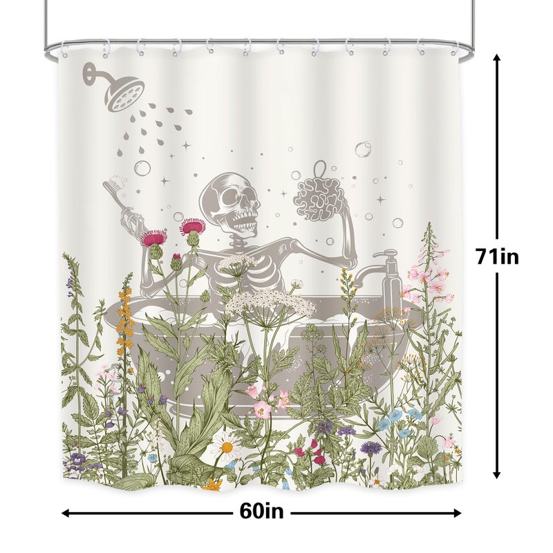 LGhtyro Funny Skull Halloween Wildflower Shower Curtain Bathroom Set 60Wx71H Inches Gothic Skeleton Floral Rustic Leaves in Bathtub Bath Accessories Spooky Cool Art Home Decor Fabric 12 Pack Hooks - Image 4